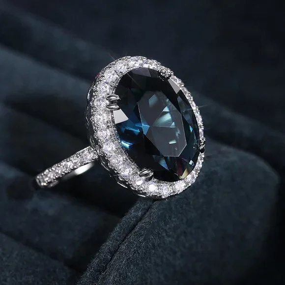 ▶Noble Hollow Anillos Super Large Oval Pure Royal Blue CZ Silver Ring, L263